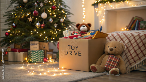 Toy drive donation box filled with plush toys and gifts beside decorated tree in cozy holiday setting 