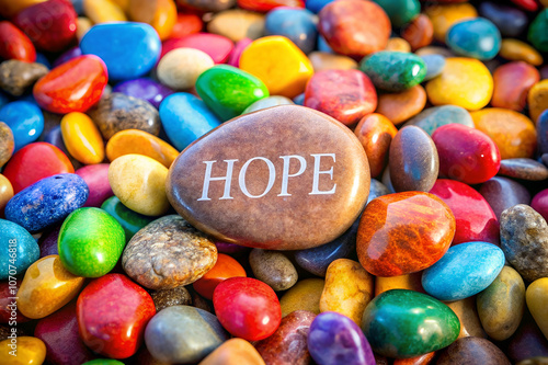 Colorful pebbles surround a prominent stone engraved with the word "HOPE," symbolizing positivity and resilience.