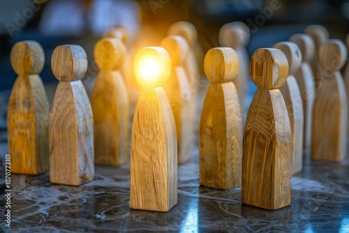 Several wooden figures with one highlighted, symbolizing staff recruitment and headhunting in a corporate environment