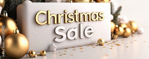 Holiday promotion banner with large "Christmas Sale" text, gold ornaments, and confetti, exclusive discounts in a festive setting, 3D illustration