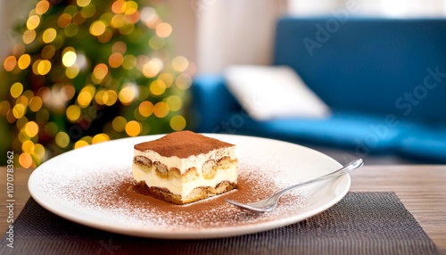 Tiramisu im Hintergrund weihnachtliches Wohnzimmer 