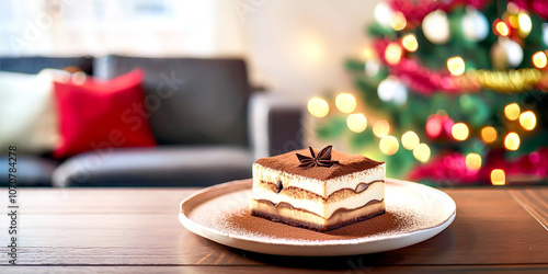 Tiramisu im Hintergrund weihnachtliches Wohnzimmer 