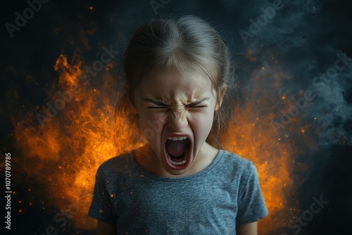 Young girl expressing intense emotion amidst fiery background in a dramatic portrait