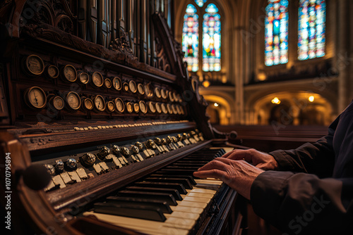 Hands playing a vintage church organ in a cathedral with stained glass windows