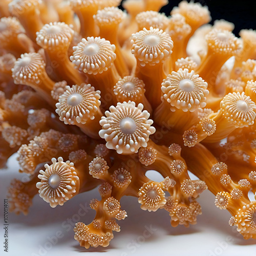 Close up of vibrant orange coral polyps with intricate detailed textures and patterns showcasing marine beauty