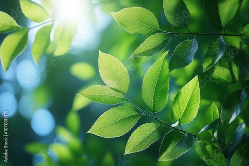 Lush green leaves illuminated by sunlight in a serene forest setting during midday