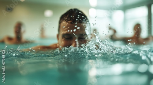 Close-up image of a swimmer partially submerged, with a splash of water around, encapsulating joy, refreshment, and the invigorating essence of swimming.