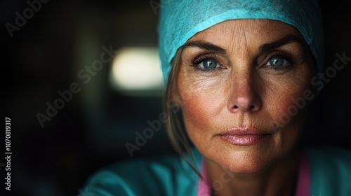 A focused nurse, wearing blue scrubs and a cap, gazes into the camera, embodying resilience and dedication in a dimly lit professional setting.