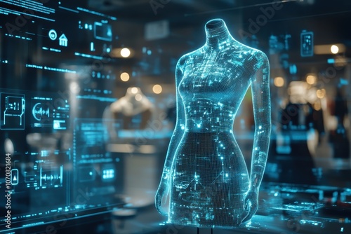 Digital fashion display showcasing a holographic mannequin in a modern retail environment