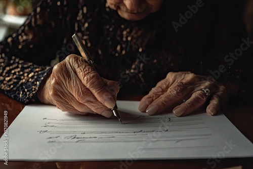 Close-up of an elderly unknown businesswoman signing a contract, holding a pen, signing, agreeing to the terms of a legal document. 