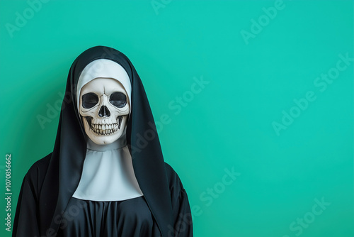 A nun wearing a skull mask poses against a bright teal background, creating a striking and eerie visual contrast. Generative AI