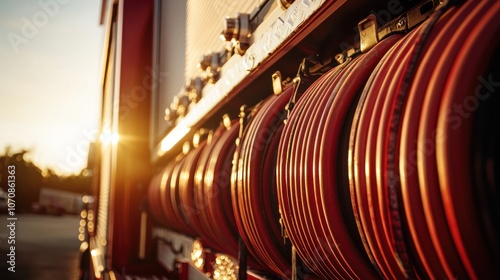 Fire Hose Reels on a Firetruck in Sunset Light