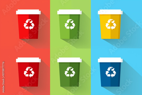 Colorful collection of recycling bins on a vibrant background, promoting waste separation and environmental awareness. Easily recognizable and visually appealing.