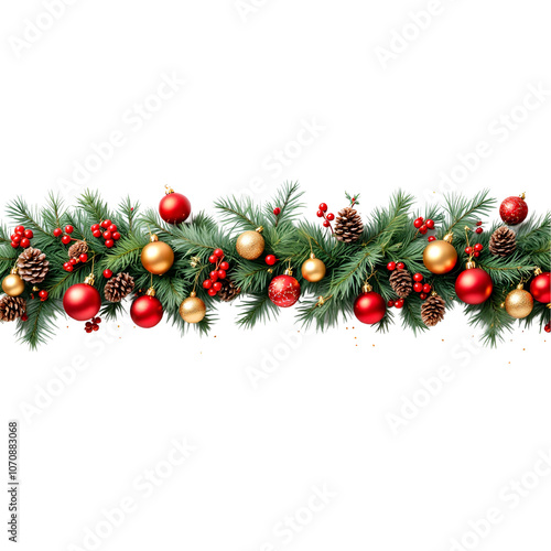 The Christmas tree border with green fir branches, red bow, balls, golden stars and gold lights isolated on transparent background. 