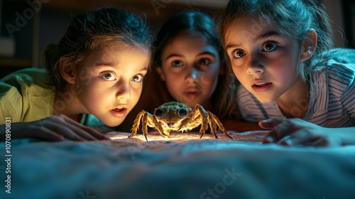 Three young girls stare in awe at a large, creepy-looking bug. Their eyes are wide with excitement and maybe a little bit of fear.