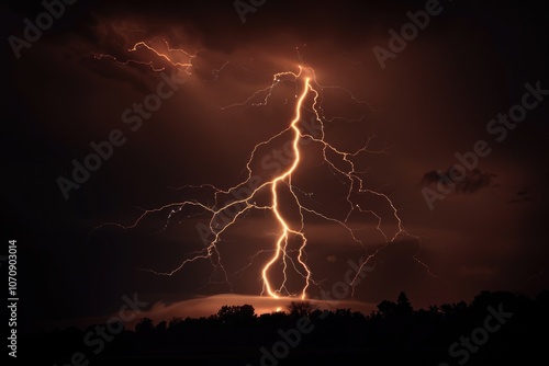 A dramatic scene with a lightning bolt illuminating the dark forest below, suggesting power and intensity