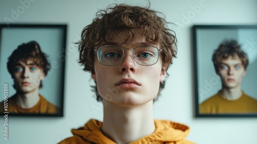 A young man with curly brown hair and blue eyes stares directly at the camera. Two framed photos of the same man, but with a more subdued expression, flank him.