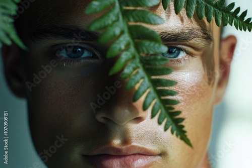 A person with a plant covering their face, possibly hiding or concealing their identity