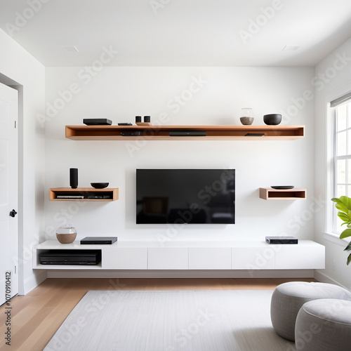 Minimalist Media Center with Floating Shelves – A media area with a wall-mounted television, a simple floating shelf below for electronics, and concealed wires, set in a bright, airy space.