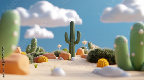 Simple 3D model of a desert landscape with cacti and tumbleweeds