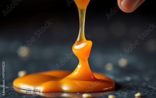 A close-up view of caramel being poured onto a black surface, creating a delicious-looking puddle