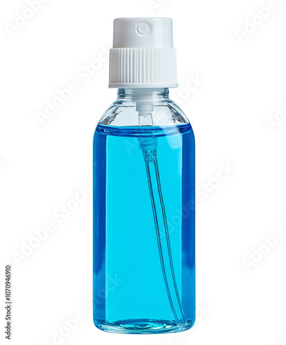 A small bottle of blue hand sanitizer with a white spray nozzle. Isolated on transparent white background, png