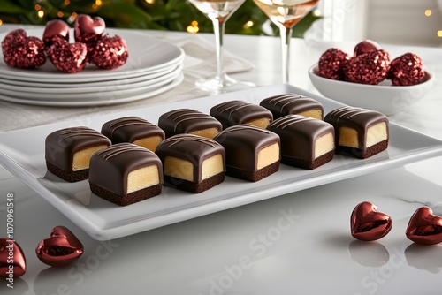  Bocados de chocolate en un plato blanco, rodeados de corazones decorativos, ideales para celebrar San Valentín.