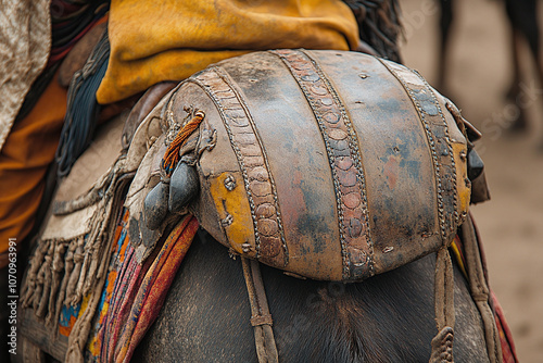 a Fulani herders leather saddle and decorations.