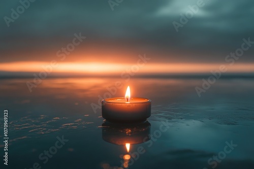 A Single Candle Flame Reflecting on a Calm Water Surface at Sunset