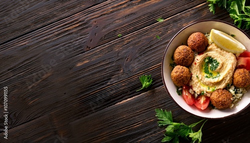 a bowl of hummus with falafel, AI generated