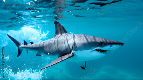 A menacing great white shark swims powerfully through the ocean's surface, its sleek gray body and sharp fins slicing through the sunlight-dappled turquoise water.