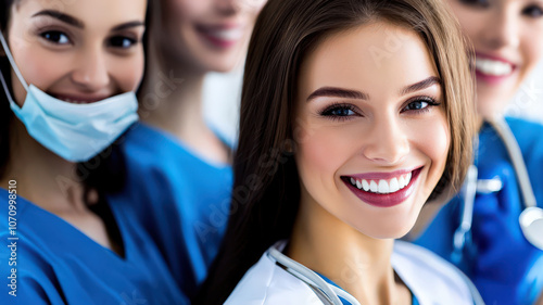 Portrait of dental professionals, including dentists and dental hygienists, wearing lab coats and working in a modern clinic setting