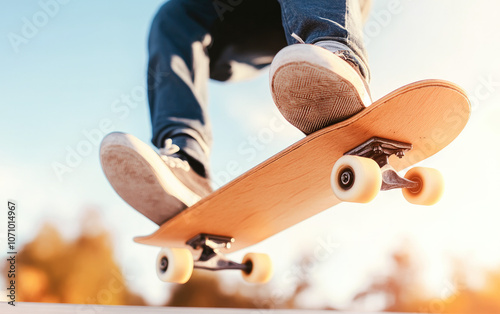 Low-angle shot of a skateboarder mid-air against a sunny blue sky, symbolizing energy and freedom. 