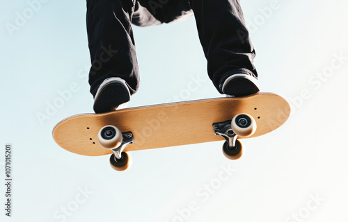 Low-angle shot of a skateboarder mid-air against a sunny blue sky, symbolizing energy and freedom. 