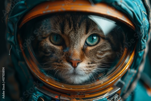 A cat in a space helmet gazes curiously into the distance, showcasing an adventurous spirit in a whimsical setting