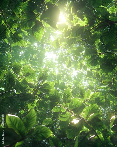 A serene view of lush green leaves from below, illuminated by soft sunlight filtering through the canopy, creating a tranquil and vibrant atmosphere.