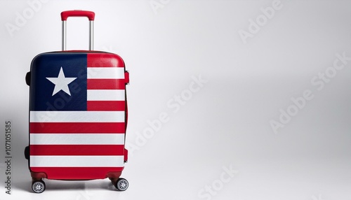 リベリアの国旗のスーツケース。(Liberia flag on a stylish suitcase and copy space.) 