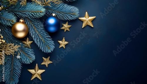 christmas and new year banner with blue baubles golden stars and frosted pine branches on a dark background holiday web design social media seasonal invitations copy space greeting cards