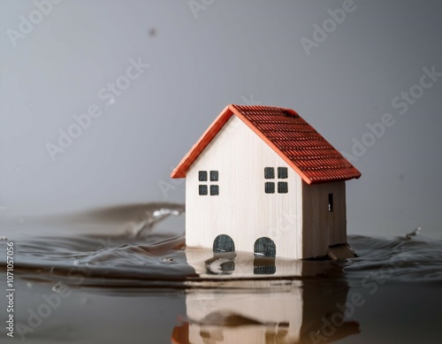 mini house home sits on climate change while heavy flood flow to house and hit wall as protection insurance over gray background to show happy smile mini house home on flood water