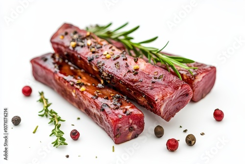 Herb seasoned smoked meat against a white backdrop separate