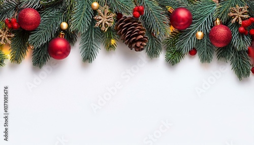 Illustrated mockup, Christmas theme border, with free space for text. White plane background, fir tree branches on the upper side, red christmas balls, pine cones.