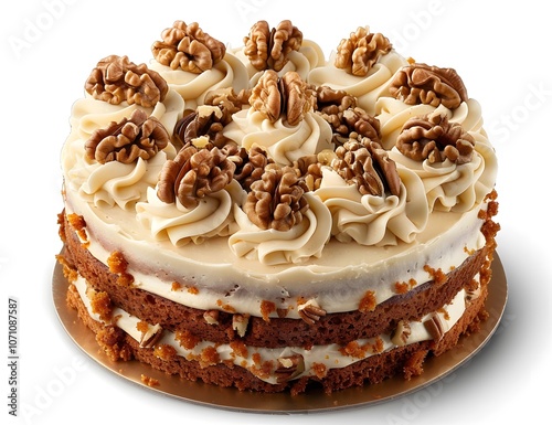 Whole carrot cake with cream cheese frosting and decorative walnut topping, presented on a white cake stand against a clean white background