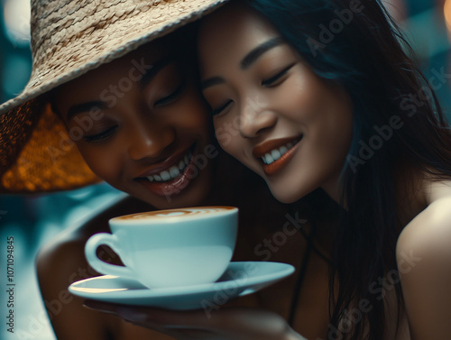 Mujer asiática y negra oliendo café sonriendo