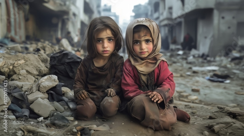 Two war-affected orphaned children sit amidst the ruins.