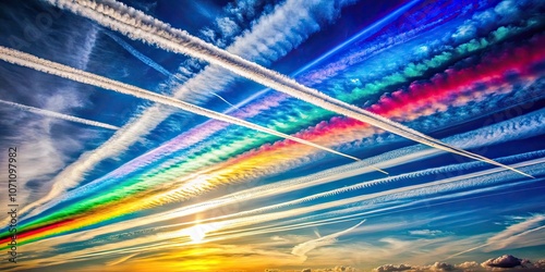 High altitude chemtrails creating colorful atmospheric stripes, Chemtrails, high altitude, atmosphere, stripes