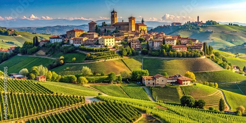 Beautiful village of Serralunga d'Alba and its vineyards in Langhe, Piedmont, Italy , picturesque, charming, village