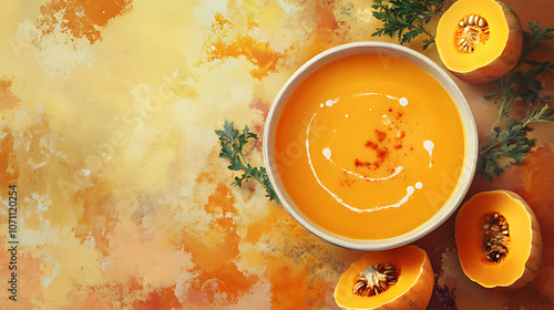 A velvety butternut squash soup with a hint of sweetness and a touch of spice, The soup is pureed to a smooth consistency