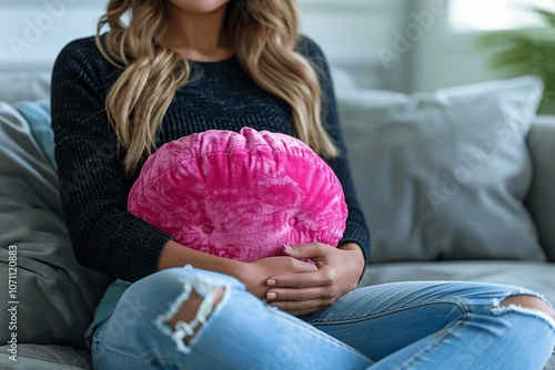 Asian woman with menstrual pain holding hot water bottle, stomach ache relief at home, close-up hands on belly