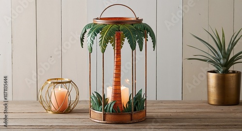 Palm tree themed lantern with tropical vibe and tealight holder