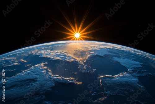 Sunrise over Earth from space, with light gradually illuminating the continents and oceans